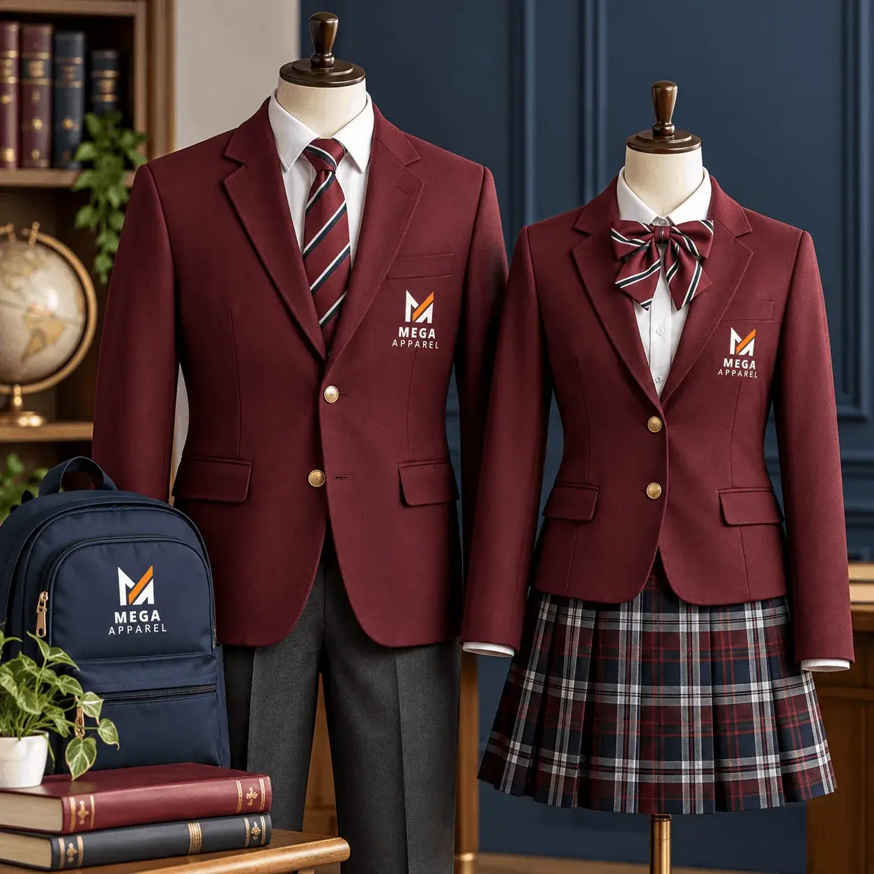 Boys’ and girls’ school uniforms displayed on mannequins, featuring burgundy blazers, white shirts, striped neckwear, gray trousers, a plaid skirt, and Mega Apparel branding in a classic academic setting.
